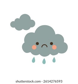 Sad gray raincloud cartoon with droplets, ideal for stormy weather icons, emotional sky scenes, and moody rainy day illustrations.