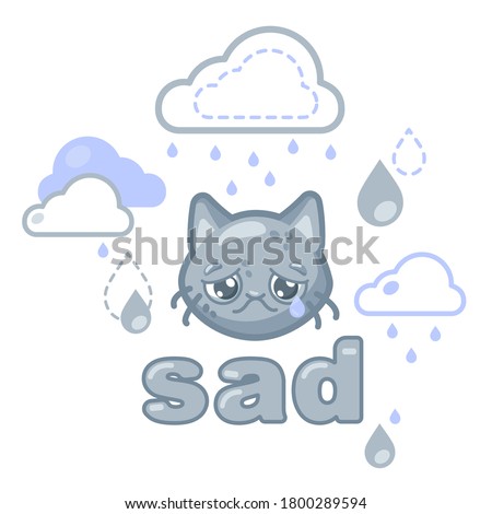 sad gray smiley face with a cat's face under a rain cloud
