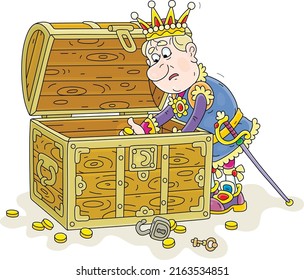 Sad greedy king counting last gold coins in a chest from his royal treasury, vector cartoon illustration isolated on a white background