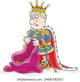 Sad greedy king counting pitiful remains of gold coins in his old money bag from royal tax collection in a fairytale kingdom, vector cartoon illustration isolated on a white background