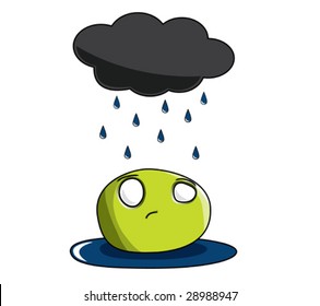 Sad green blob being rained on.