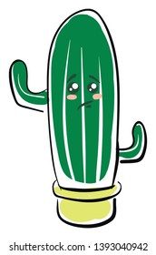 A sad green cactus with pink chin on an yellow pot vector color drawing or illustration