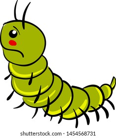 Sad green centipede, illustration, vector on white background.