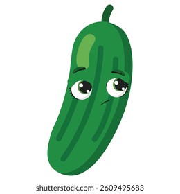 Sad green cucumber with expressive eyes, perfect for emotional food illustrations, kids content, or healthy lifestyle graphics with a playful twist