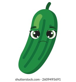 Sad green cucumber with expressive eyes and frown, perfect for health awareness materials, vegetable-themed content, or emotional kids illustrations