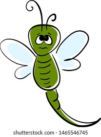 Sad green dragonfly, illustration, vector on white background.