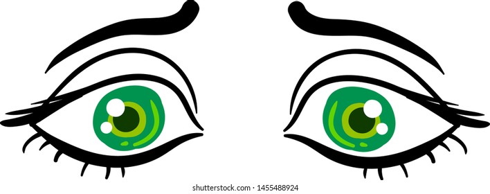 Sad green eyes, illustration, vector on white background.