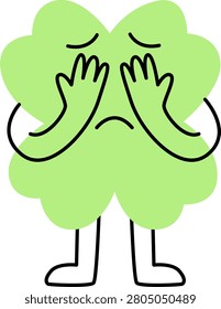 Sad green four-leaf clover mascot character covering face and crying