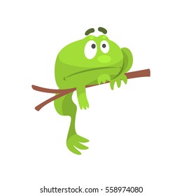 Sad Green Frog Funny Character Hanging From The Branch Childish Cartoon Illustration
