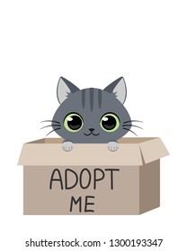 Sad grey homeless kitten inside a cardboard box is begging for the adoption. Vector illustration for animal shelter poster