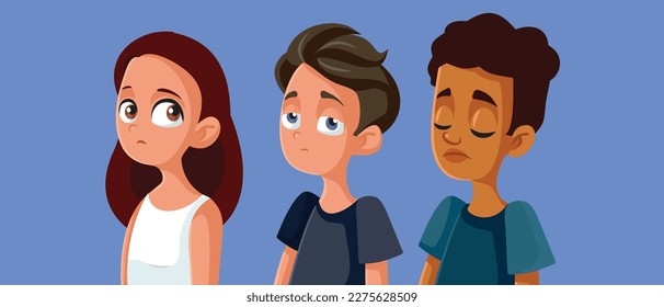 
Sad Group of Teens Feeling Anxious and Depressed Vector Illustration. Unhappy teenagers keeping silent not talking about depression
