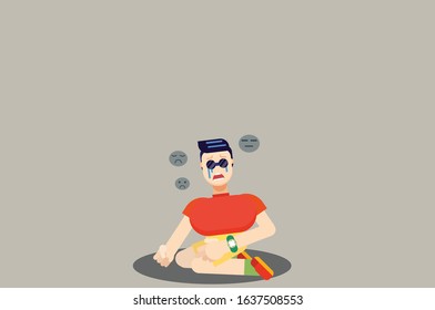 
A sad grown man with bad emoticons on the background, Asian character illustration. Simple vector illustration, this illustration can use as a sticker also.