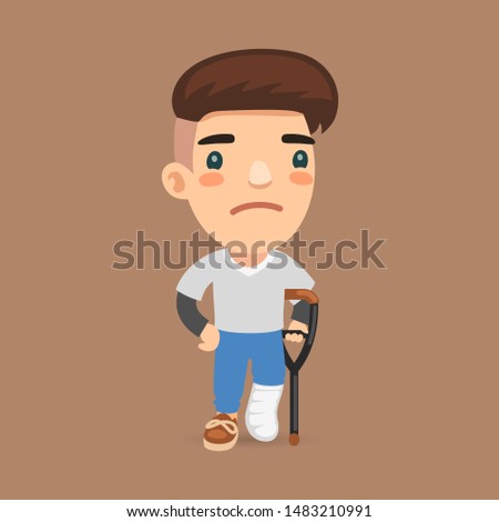 Sad guy with a broken leg on a crutch. Flat male character.