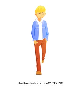 Sad Guy In Brown Pants And Jean Jacket, Young Person Street Fashion Look With Mass Market Clothes