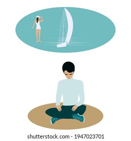 Sad guy dreams of a seaside vacation with a girl - vector. Travel planning. Depression. Mental health.