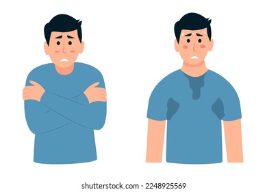 El tipo triste se siente caluroso y exhausto. Muchacho temblando sintiéndose fría abrazándose. Hombre que sufre de frío y calor.  Problema de invierno y verano. Ilustración del vector