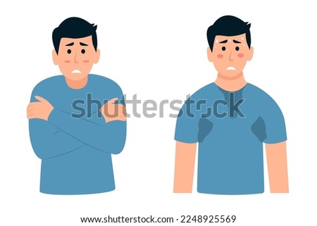 Sad guy feels hot and exhausted. Boy trembling feeling cold hugging herself.Man suffering from cold and hot weather.  Winter and summer season problem. Vector illustration