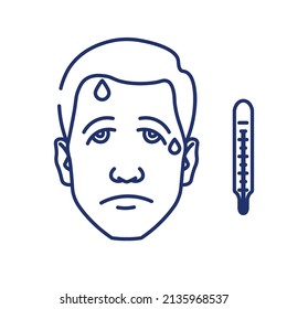 Sad guy in a fever with a high temperature suffering from colds or viral diseases; flu or coronavirus. Collection of monochrome illustrations on white background on the theme of disease prevention.