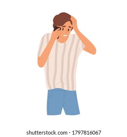 Sad Guy Holding Head Having Bad News Talking Use Smartphone Vector Flat Illustration. Unhappy Man With Sorrowful Face Expression Communicating On Mobile Phone Isolated On White. Something Went Wrong