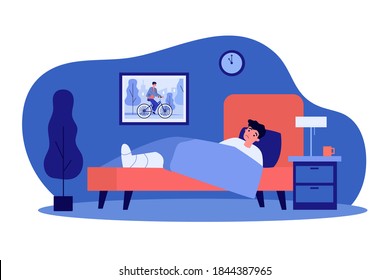 Sad guy lying in bed with broken leg. Bone, bicycle, home flat vector illustration. Illness and health concept for banner, website design or landing web page