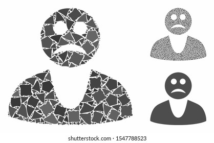 Sad guy mosaic of inequal parts in variable sizes and color tints, based on sad guy icon. Vector trembly parts are combined into mosaic. Sad guy icons collage with dotted pattern.