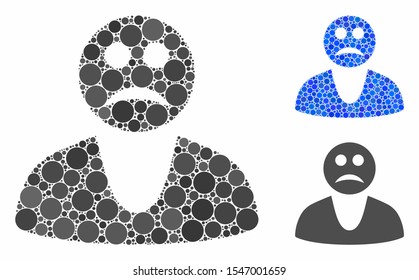 Sad guy mosaic of round dots in different sizes and color tints, based on sad guy icon. Vector round dots are grouped into blue collage.  