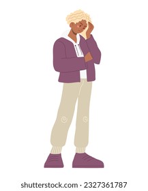 Un tipo triste con problemas. Problemas psicológicos del adolescente. Personaje masculino joven al estilo de las caricaturas. Ilustración vectorial plana aislada en blanco.