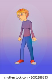 A sad guy in a purple T-shirt and blue jeans with a phone in his hand. Cartoon vector illustration.