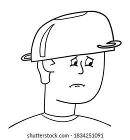 Sad guy put a saucepan on his head, vector illustration. Man protects his head from the effects of the Internet