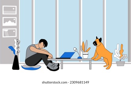 Sad guy sitting in front of a laptop next to a French bulldog. Illustration for promotional materials and advertisements for mental health organizations. Encourage help-seeking. 