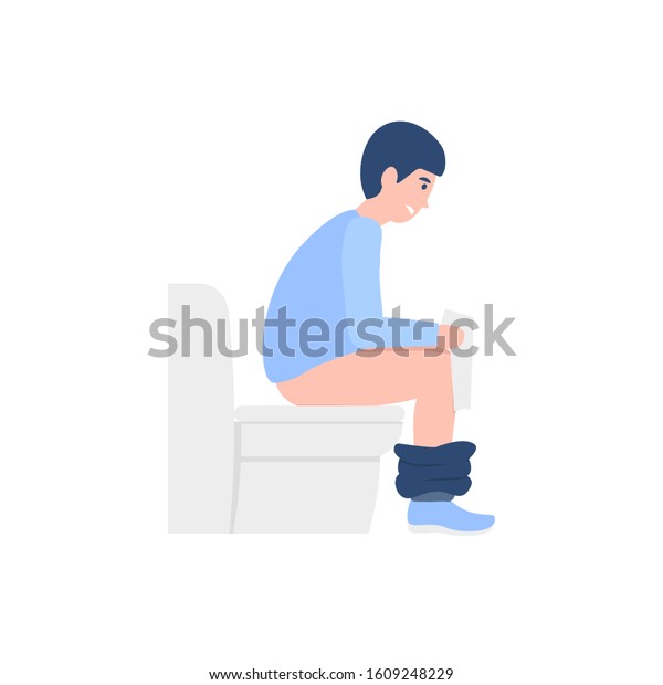 トイレに座ってトイレットペーパーを持つ悲しい男 便通 便秘 痔 平らなベクターカートーンのキャラクターイラスト のベクター画像素材 ロイヤリティフリー