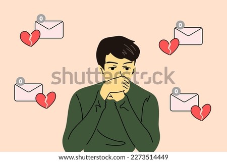 Sad guy surrounded of a broken hearts. Man does not receive a message from a loved one. Zero message email symbols. Vector illustration in cartoon flat style.