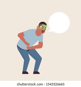 sad guy vomiting nausea stomach ache food or alcohol poisoning digestive problem concept unhappy african american man puking feeling sick flat full length vector illustration