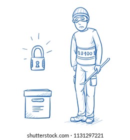 Sad hacker or thief not able to break digital data box open, with closed lock icon. Concept for cyber crime, file security. Hand drawn line art cartoon vector illustration