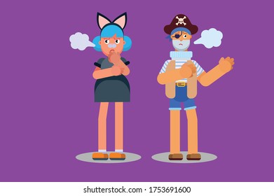 Sad Halloween design with vector pirate and cat costume. Simple character vector illustration.