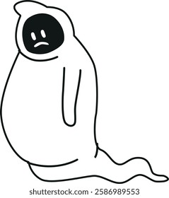 Sad halloween ghost black-and-white vector illustration