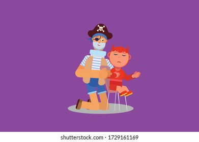 Sad Halloween poster design with vector pirate, and a devil character - Simple character vector illustration.