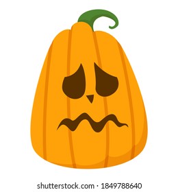 Sad halloween pumpkin vector isolated. Funny holiday element, face carved on the pumpkin. Orange vegetable.