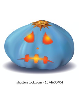 Sad halloween vector background of a drawn pumpkin in realistic style. Blue pumpkin with gold and bronze. The luminous face of Jack O. Lantern for Halloween.