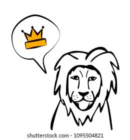 Sad hand drawn lion thinking about crown. Black and white vector animal with speech bubble.
