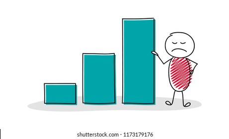 Sad hand drawn stickman showing column graph. Vector.