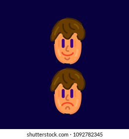 Sad, Happy Boy Face Icon. Vector Illustration