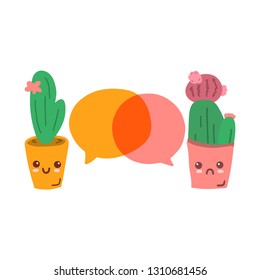 Sad and happy cactuses discussing, chatting. Vector hand drawn illustrations for greeting card, t shirt, baby or kids wear, nursery, flyer, banner, print, stickers, posters design.