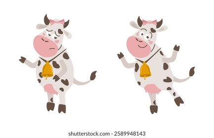 Sad and happy cartoon cows on hind legs with bell on neck and bow on head - vector flat illustration, characters for design of postcards, calendars, clothes, packaging