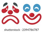 Sad and happy clown makeup facial expression cartoon style set vector flat illustration. Comedy carnival circus artist drawing face with positive and negative emotion humor entertainment performance