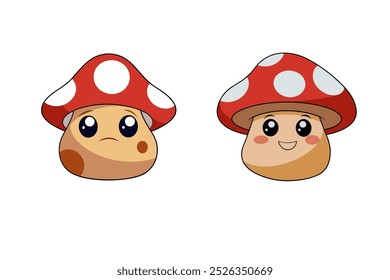 Sad and happy cute kawaii mushrooms for print and kids illustrations