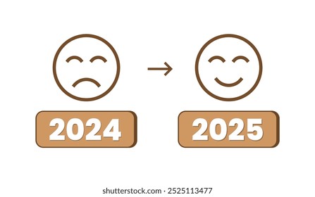 Sad and happy emoji with 2024 and new year 2025 Conversion of mood from 2024 to 2025 New year hope Happy Mood New Year 2025 positive emotion and negative emotion vector 2024 sad 2025 happy concept