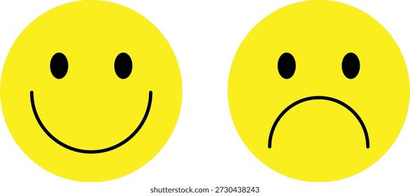 Sad and happy emoji flat vector icons,  smiling and unhappy emoticon icon.