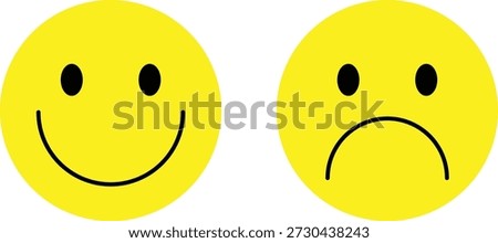 Sad and happy emoji flat vector icons,  smiling and unhappy emoticon icon.