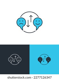 Emoticones tristes y felices con burbujas de habla. Concepto de comentarios de satisfacción del cliente. Iconos vectores en 3 fondos diferentes.